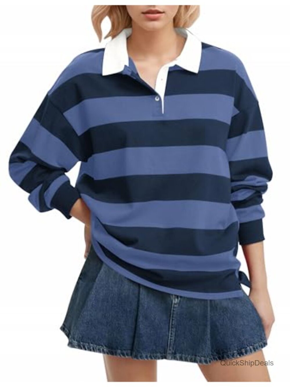 Oversized Long Sleeve Striped Polo Rugby Sweatshirt V-Neck Pullover Top